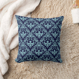 Navy Blue and Light Blue Damask Pattern Throw Pillow