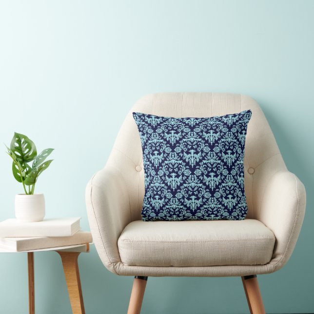 Navy Blue and Light Blue Damask Pattern Throw Pillow (Chair)
