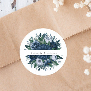 Navy blue and light blue elegant wedding classic round sticker