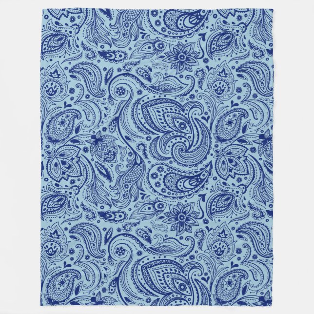 Navy Blue And Light Blue Floral Paisley Fleece Blanket (Front)