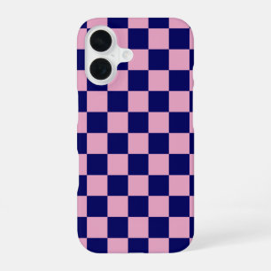 Navy Blue and Light Pink Checkerboard Pattern iPhone 16 Case