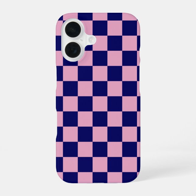 Navy Blue and Light Pink Checkerboard Pattern iPhone 16 Case (Back)