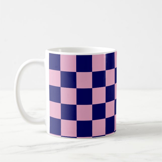 Navy Blue and Light Pink Chequerboard Pattern Coffee Mug (Left)