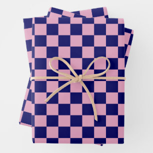 Navy Blue and Light Pink Chequerboard Pattern Wrapping Paper Sheet