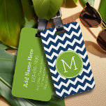 Navy Blue and Lime Green Chevrons Custom Monogram Luggage Tag<br><div class="desc">A preppy design in fresh,  cheerful colours. If you need to adjust the monograms,  click on the customize it button and make changes.</div>
