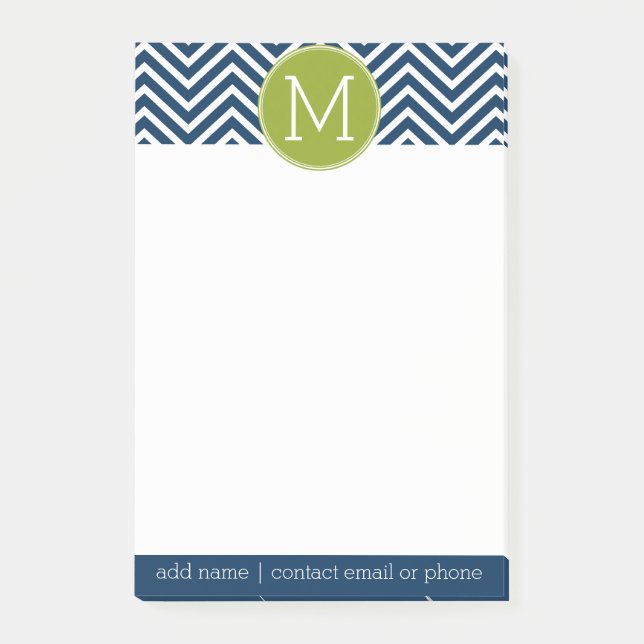 Navy Blue and Lime Green Chevrons Custom Monogram Post-it Notes (Front)