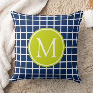 Navy Blue and Lime Green Lattice Monogram Throw Pillow
