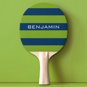 Navy Blue and Lime Green Rugby Stripes Custom Name Ping Pong Paddle