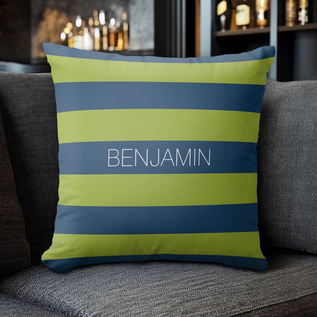 Navy Blue and Lime Green Rugby Stripes Custom Name Throw Pillow (Custom Sporty Pillow)