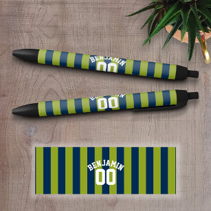Navy Blue and Lime Green Rugby Stripes Name Number Black Ink Pen