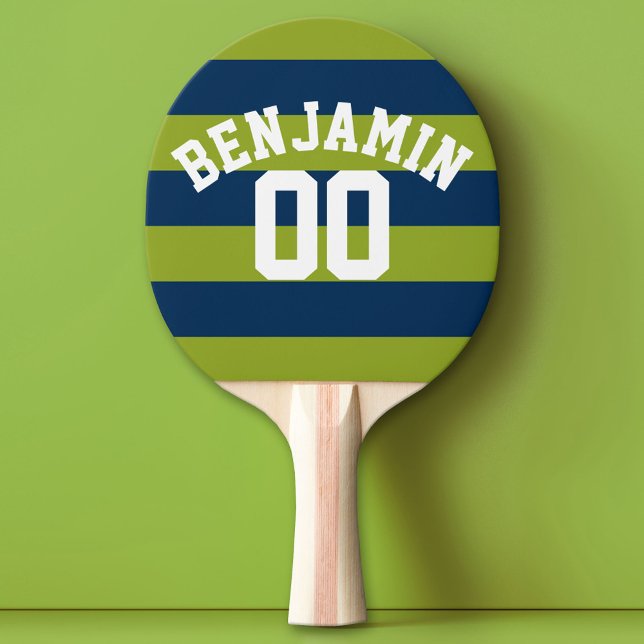 Navy Blue and Lime Green Rugby Stripes Name Number Ping Pong Paddle (Custom Ping Pong Paddle - Team or College colors Sports Jersey)