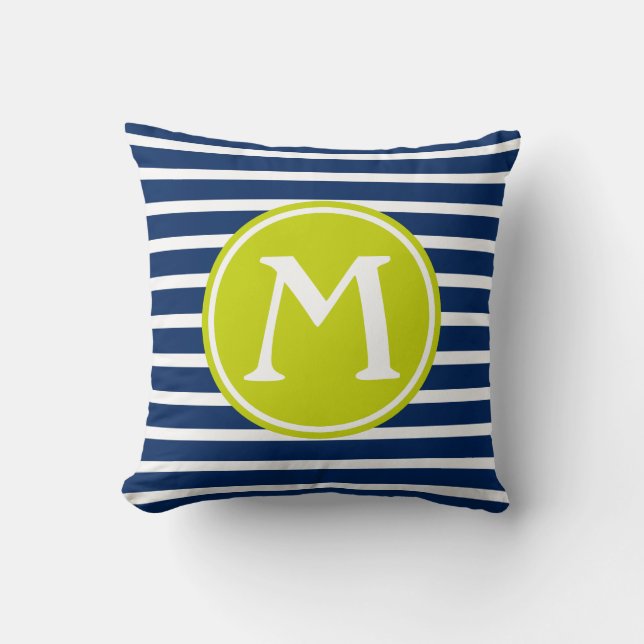 Navy Blue and Lime Green Stripe Monogram Throw Pillow (Front)
