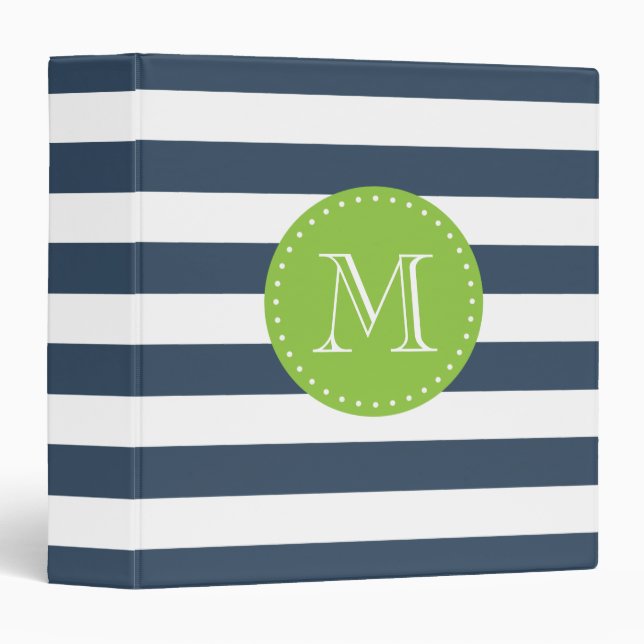 Navy Blue and Lime Green Stripes Custom Monogram Binder (Front/Spine)