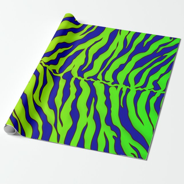 Navy Blue And Lime Tiger Stripes Animal Print Wrapping Paper (Unrolled)