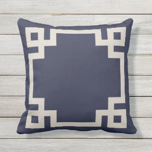 Navy Blue and Linen Beige Greek Key Border Outdoor Pillow