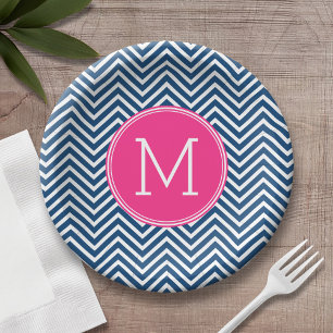 Navy Blue and Magenta Chevrons Custom Monogram Paper Plate