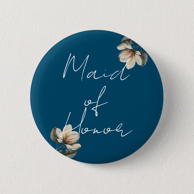 Navy Blue and Magnolia Wedding Maid of Honour 2 Inch Round Button (Front)