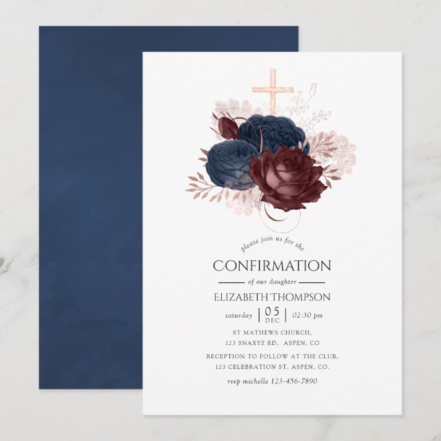 Navy Blue and Maroon Floral Confirmation Invitation (Front/Back)