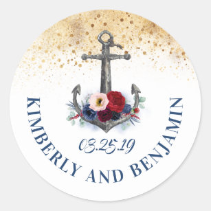 Navy Blue and Marsala Anchor Nautical Wedding Classic Round Sticker