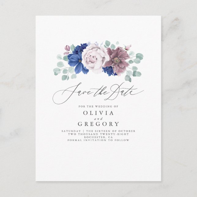 Navy Blue and Mauve Floral Save The Date Card (Front)