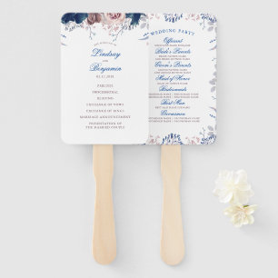Navy Blue and Mauve Floral Wedding Program Hand Fan