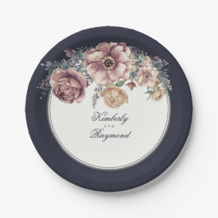 Navy Blue and Mauve Watercolor Flowers Vintage Paper Plate