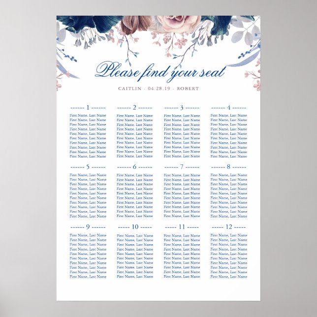 Navy Blue and Mauve Wedding Seating Chart (Front)