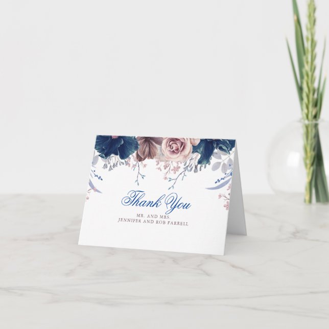 Navy Blue and Mauve Wedding Thank You Card (Front)