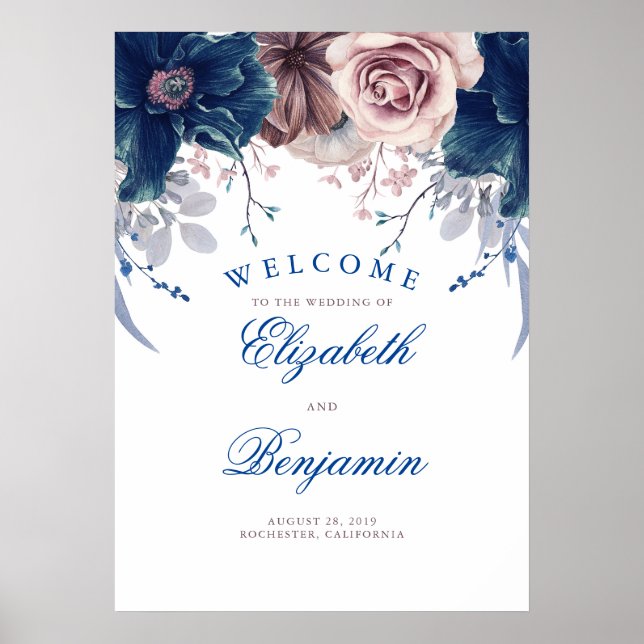 Navy Blue and Mauve Wedding Welcome Sign (Front)