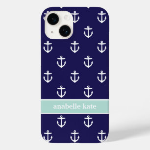 Navy Blue and Mint Cute Anchors Monogram Case-Mate iPhone 14 Case