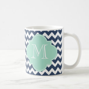 Navy Blue and Mint Green Chevron Custom Monogram Coffee Mug
