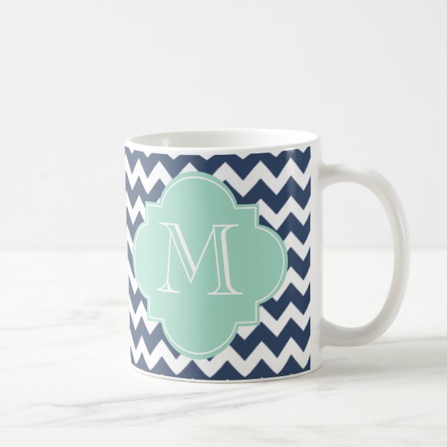 Navy Blue and Mint Green Chevron Custom Monogram Coffee Mug (Right)