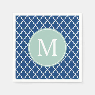 Navy Blue and Mint Green Quatrefoil Monogram Napkin
