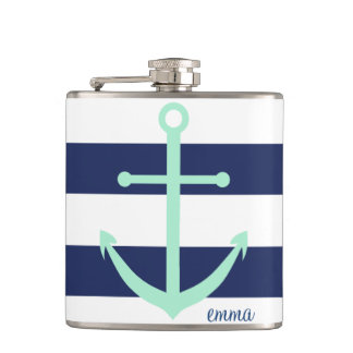 Navy Blue and Mint Monogram Anchor Flask