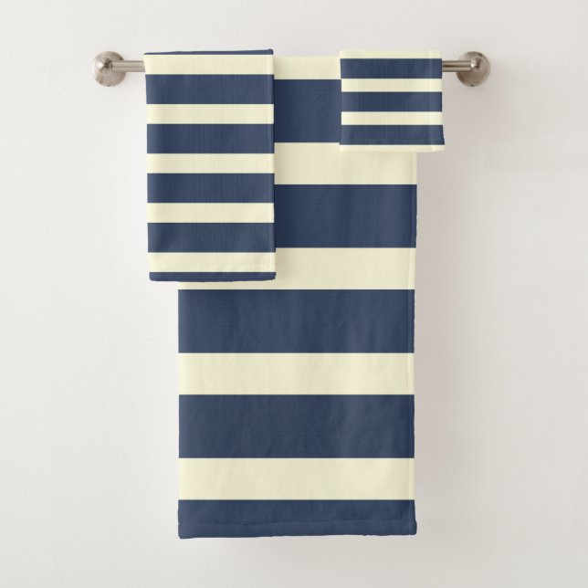 Navy blue and off-white stripes bath towel set (Insitu)