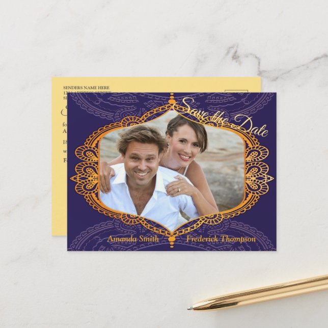 Navy Blue and or Violet with Gold Mandalas Announcement Postcard (Front/Back In Situ)