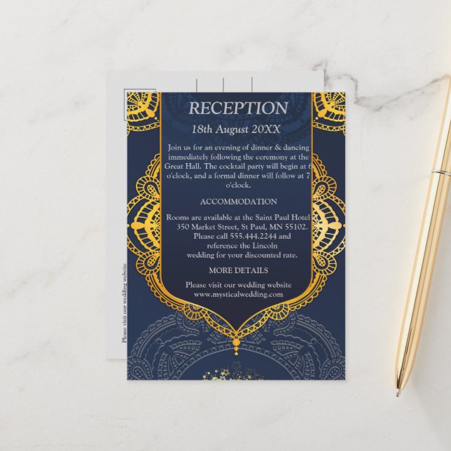 Navy Blue and or Violet with Gold Mandalas Announcement Postcard (Front/Back In Situ)