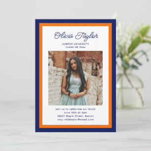 Navy Blue and Orange Border Photo Graduation Party Invitation