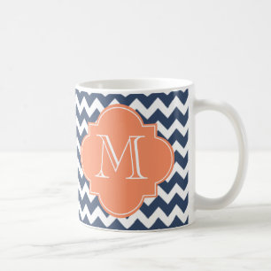 Navy Blue and Orange Chevron Custom Monogram Coffee Mug
