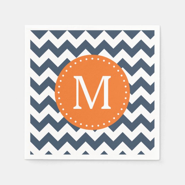 Navy Blue and Orange Chevron Custom Monogram Napkin (Front)