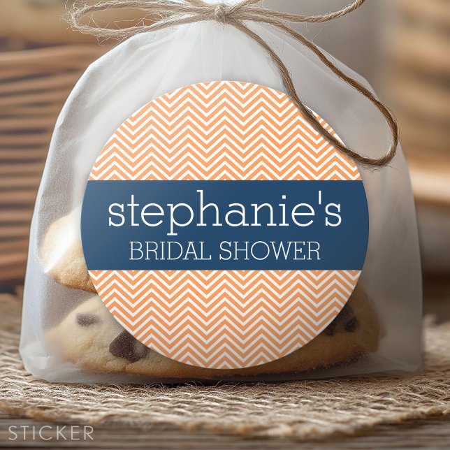 Navy Blue and Orange Chevron Pattern Bridal Shower Classic Round Sticker (Custom Sticker)