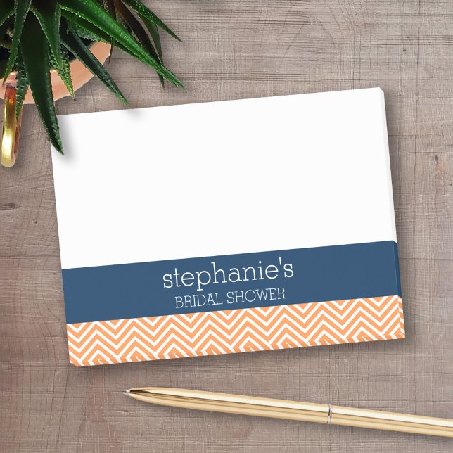 Navy Blue and Orange Chevron Pattern Bridal Shower Post-it Notes (Personalized Post-It Notes - add you name or other text)