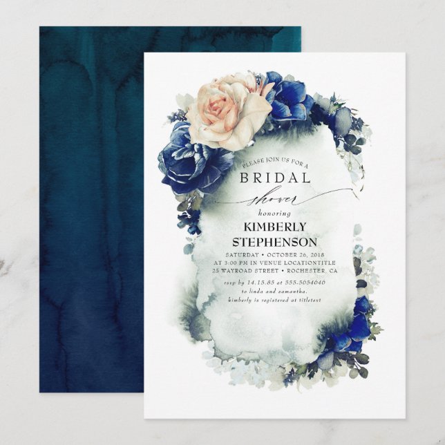 Navy Blue and Orange Floral Bohemian Bridal Shower Invitation (Front/Back)