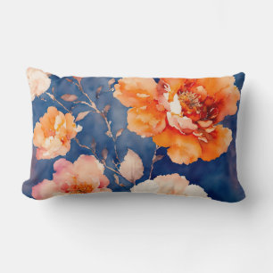 Navy Blue and Orange Floral Lumbar Pillow
