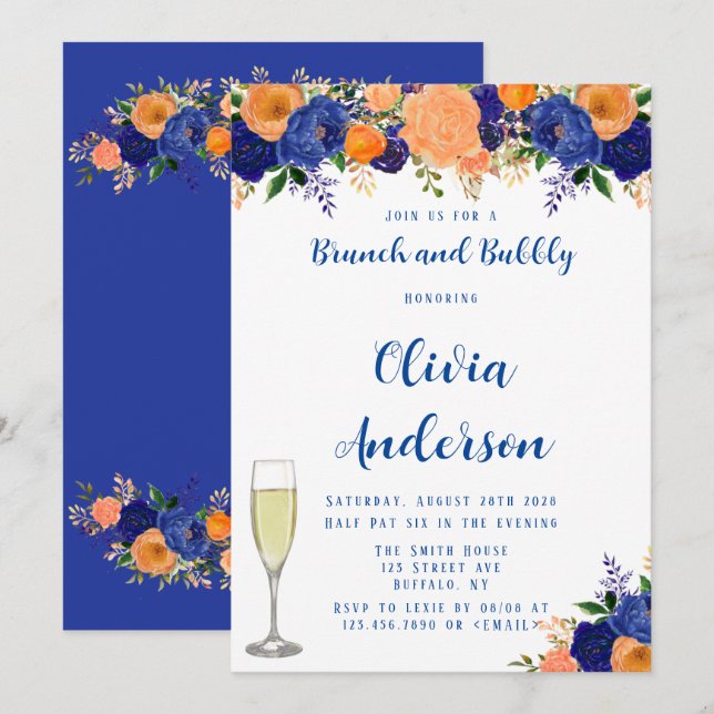 Navy Blue and Orange Florals Brunch and Bubbly Invitation (Front/Back)