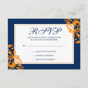 Navy Blue and Orange Flourish Swirls Wedding RSVP