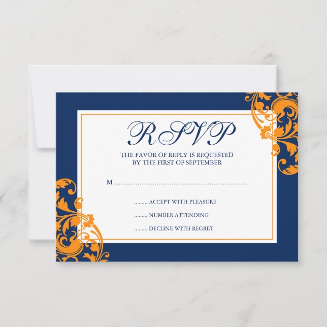 Navy Blue and Orange Flourish Swirls Wedding RSVP (Front)