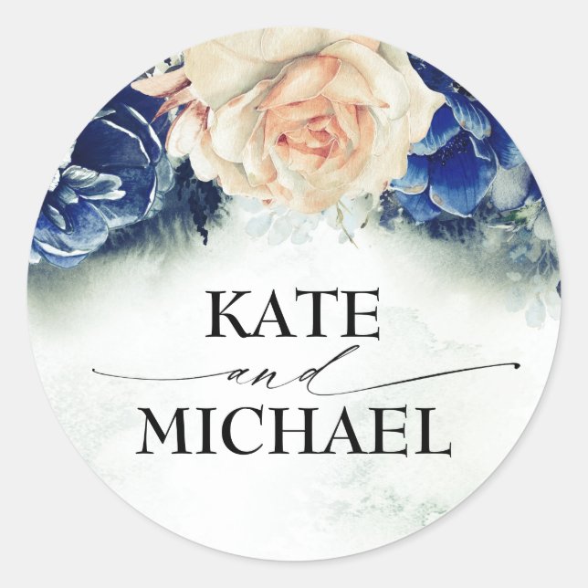 Navy Blue and Orange Flowers Elegant Modern Classic Round Sticker (Front)