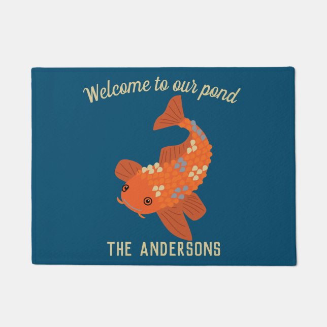 Navy Blue and Orange Koi Goldfish Welcome Doormat (Front)