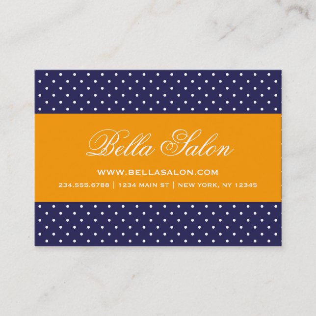Navy Blue and Orange Modern Polka Dots Business Card (Front)
